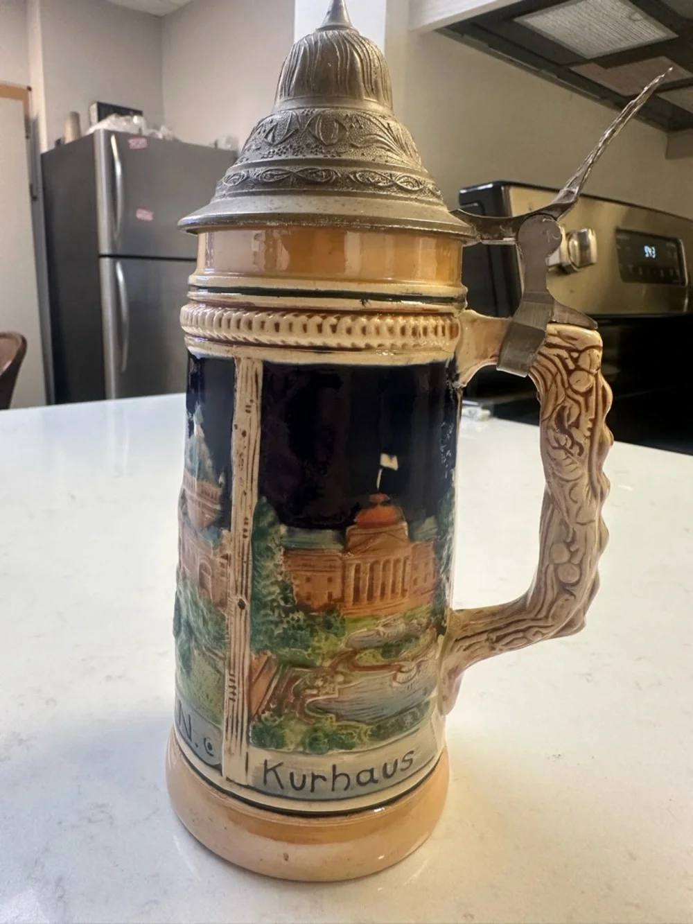 German Ceramic Beer Stein with Pewter Lid - Blue and Tan